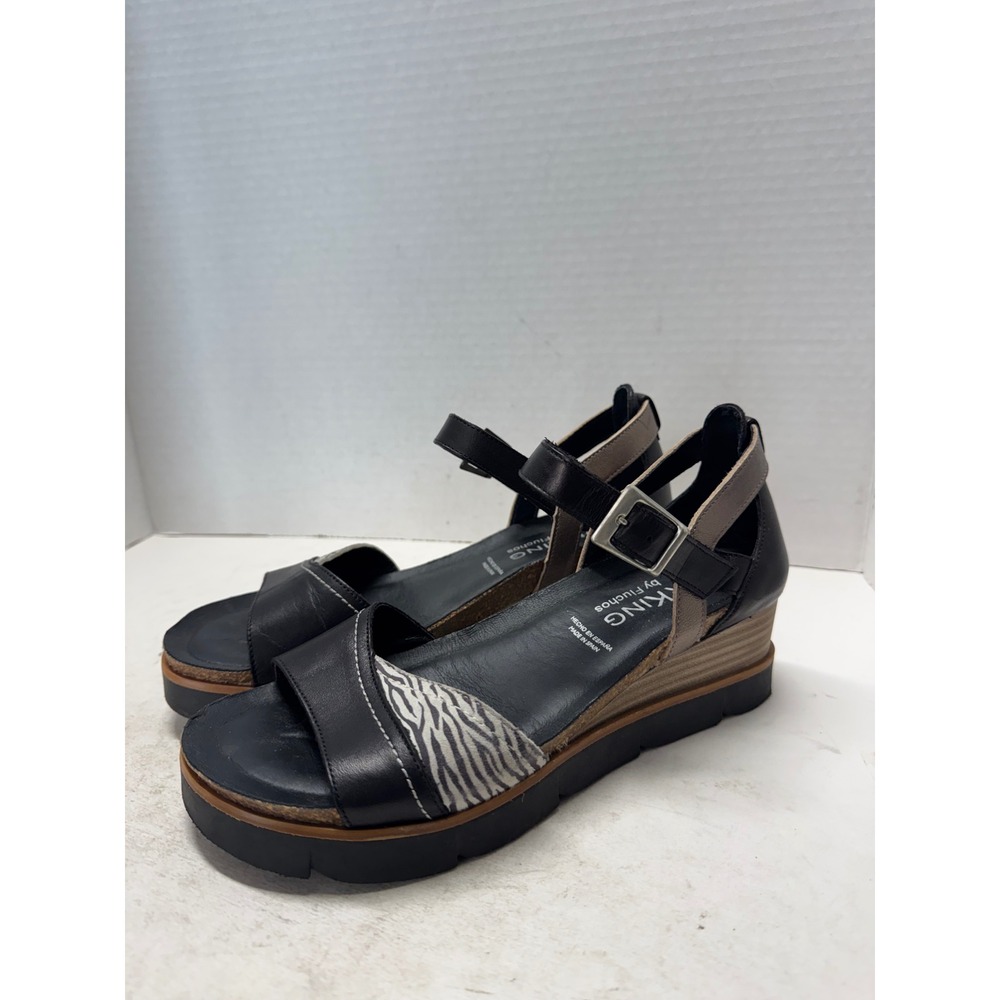 Dorking by Fluchos Black Leather Zebra Print Wedge Sandals Spain 37 6.5